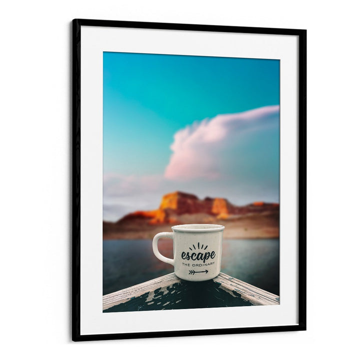 Explore adventure with ESCAPE USA TRAVEL, QUOTES poster featuring a scenic mug by Blackmount on a tranquil lake.