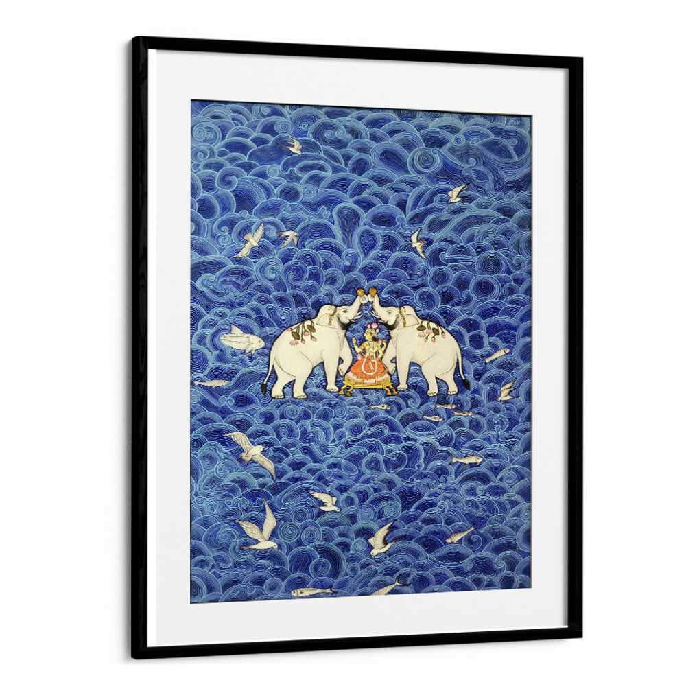 Exquisite SHRI LAXMI, INDIAN ART PAINTINGS featuring elephants amid vibrant blue waves, perfect for home decor.