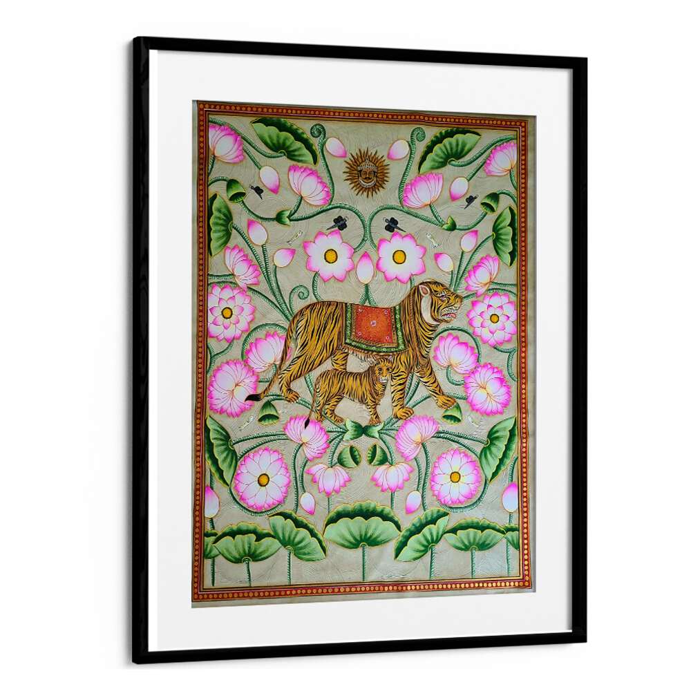 TIGRESS WITH CUB, INDIAN ART PAINTINGS beautifully depicts a nurturing tigress amidst vibrant floral designs.