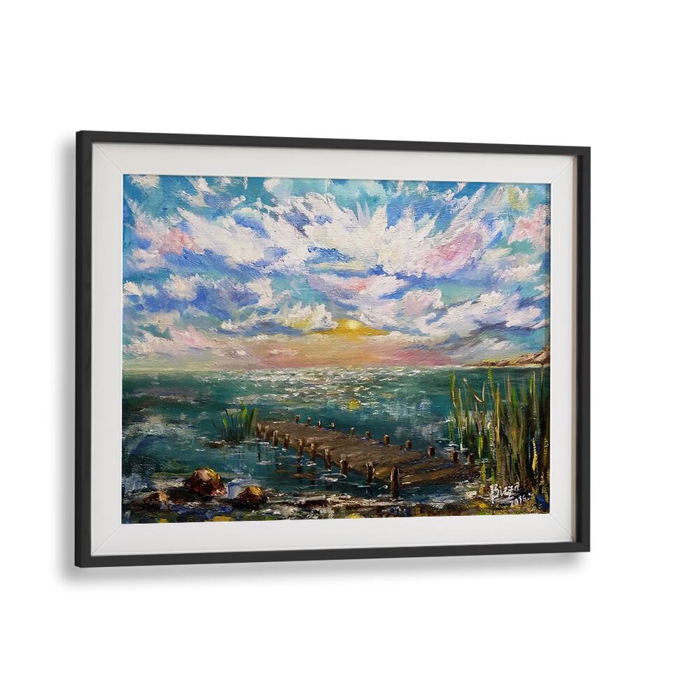 Vibrant HAPPY DAY, LANDSCAPE PAINTINGS showcasing a serene waterfront scene, perfect for uplifting your living space.