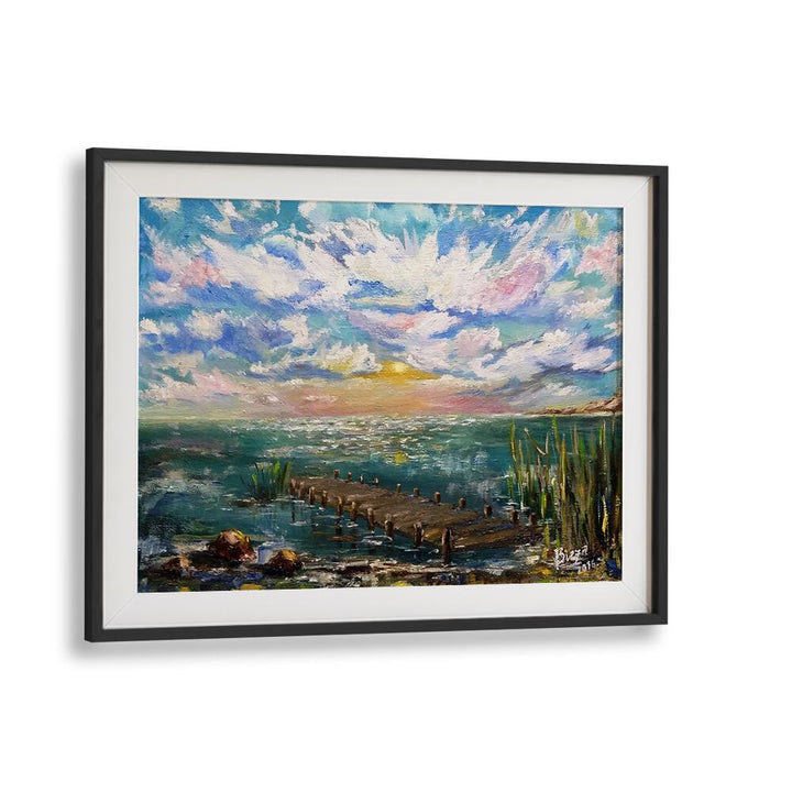 Vibrant HAPPY DAY, LANDSCAPE PAINTINGS showcasing a serene waterfront scene, perfect for uplifting your living space.