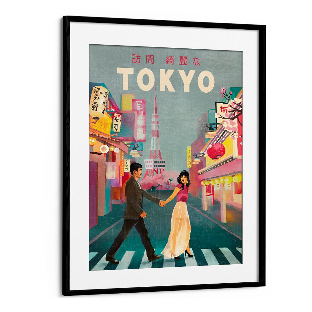 Vintage TOKYO JAPAN, TRAVEL POSTERS showcase a couple walking hand-in-hand through vibrant Tokyo streets.