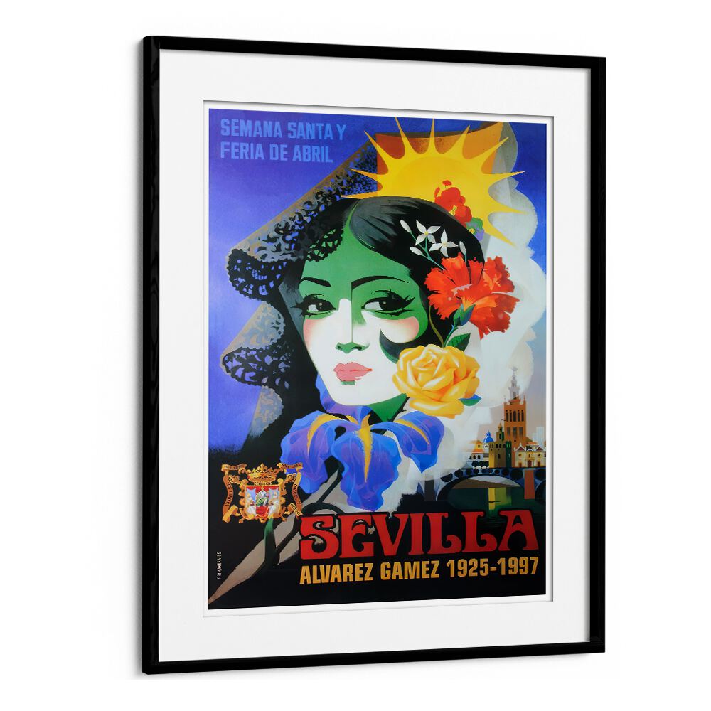 Colorful SEVILLA Vintage Travel Posters featuring a woman in traditional attire, evoking the spirit of Spain.