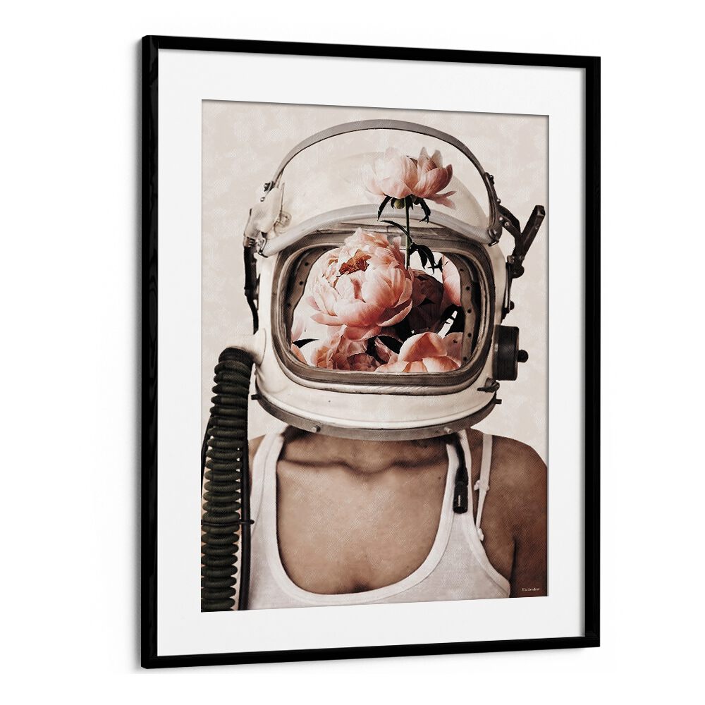 Explore surrealism with SPACE BLOOM, SURREAL ART PRINTS by Underdott, featuring a floral-helmeted figure.