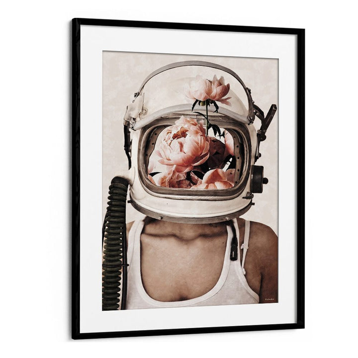 Explore surrealism with SPACE BLOOM, SURREAL ART PRINTS by Underdott, featuring a floral-helmeted figure.