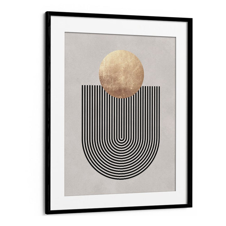 LINES AND CIRCLES XXI, GEOMETRIC ART PRINTS showcase a modern design with bold lines and a golden circle for elegance.