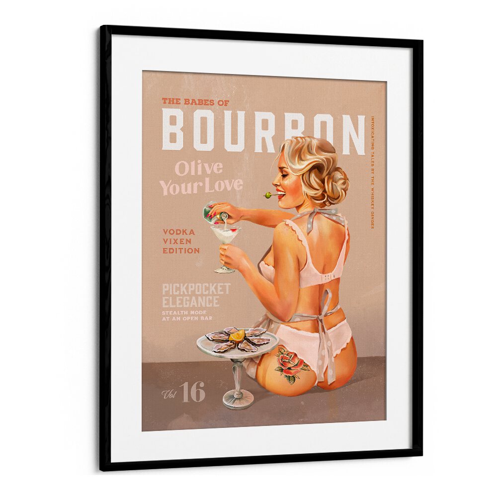 Bourbon Babe, Bar poster showcasing vintage pin-up art, perfect for elevating your café or bar decor.