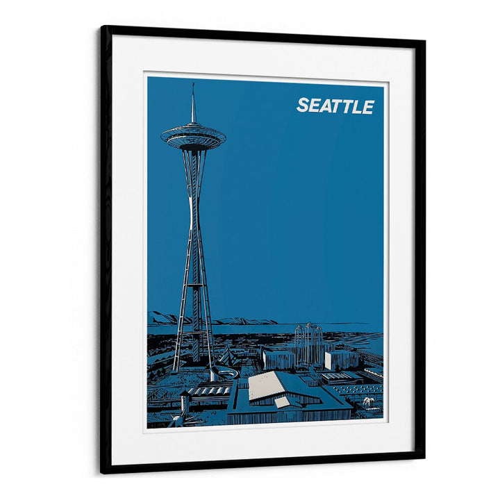 Bright blue Seattle Vintage Travel Posters featuring the iconic Space Needle, perfect for any travel enthusiast.