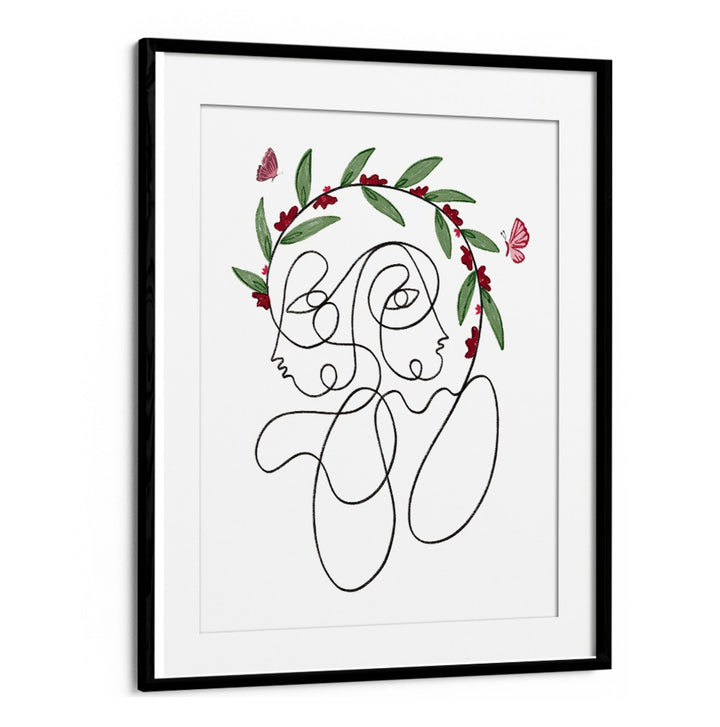 Elegant BLOSSOMING CONNECTION, LINE ART PAINTINGS showcasing intertwined faces with floral accents for contemporary décor.