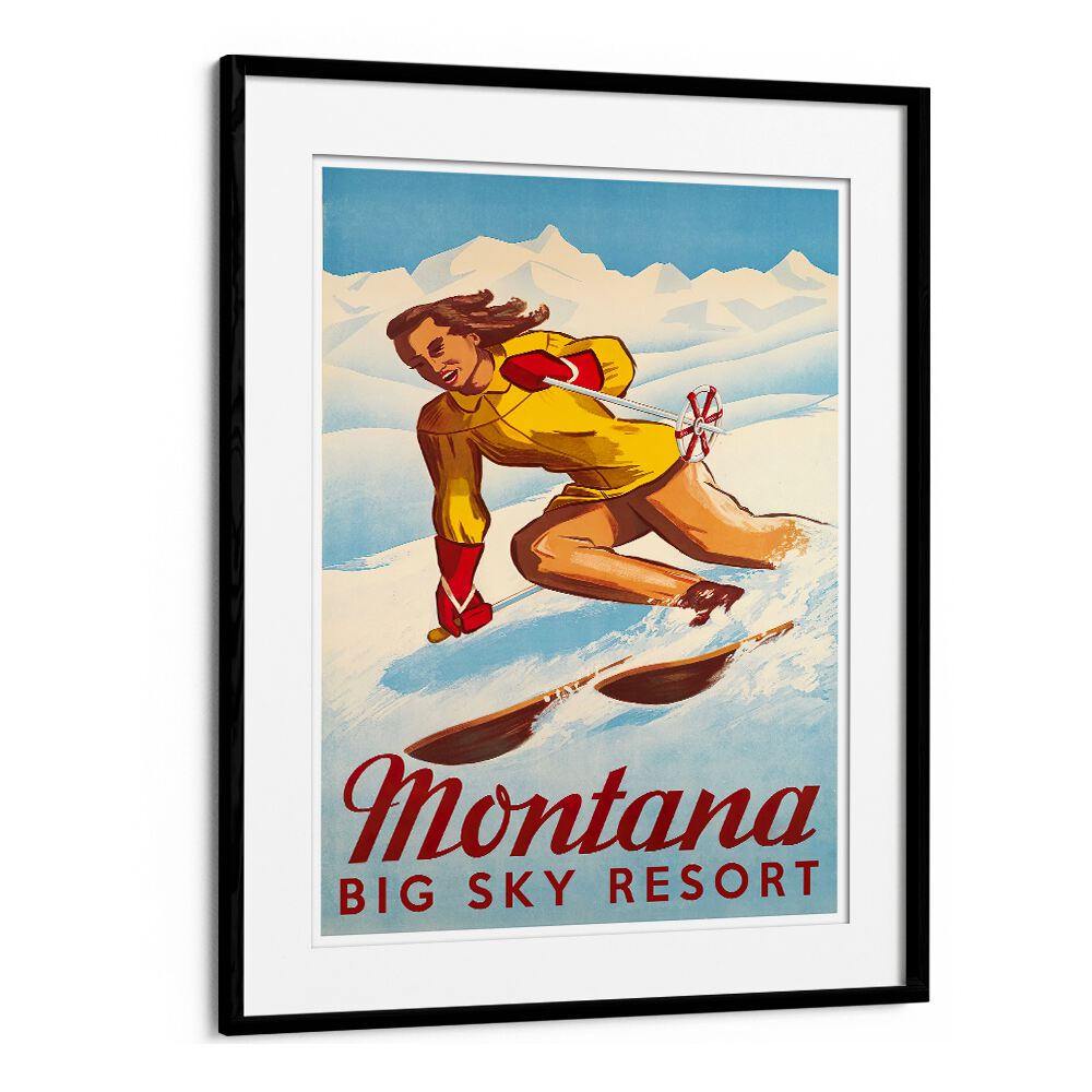 Colorful MONTANA, VINTAGE TRAVEL POSTERS featuring a skier at Big Sky Resort, perfect for home decor enthusiasts.