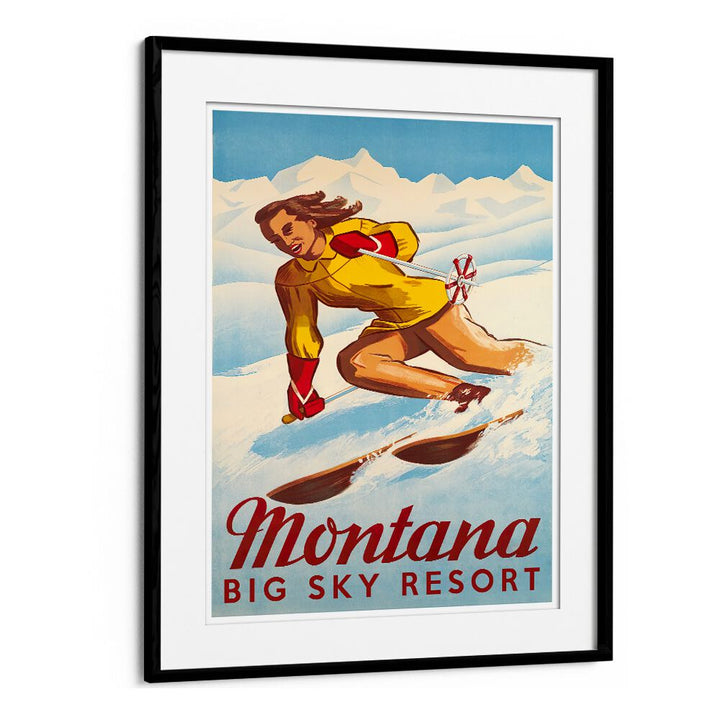 Colorful MONTANA, VINTAGE TRAVEL POSTERS featuring a skier at Big Sky Resort, perfect for home decor enthusiasts.