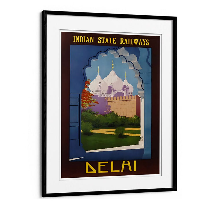 Explore the beauty of INDIAN RAILWAYS, VINTAGE TRAVEL POSTERS featuring iconic Delhi architecture and lush gardens.