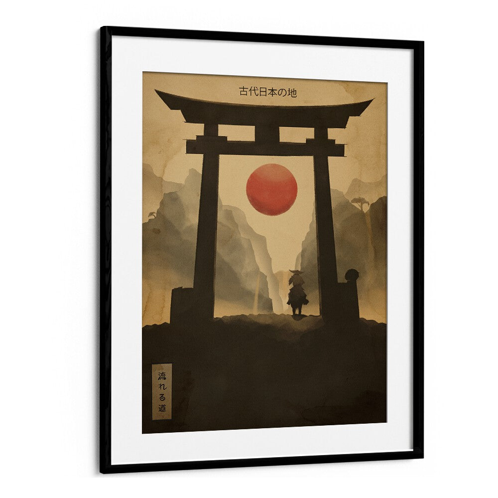 Stunning FLOWING PATH, JAPANESE PAINTINGS artwork featuring a serene landscape and iconic torii gate design.