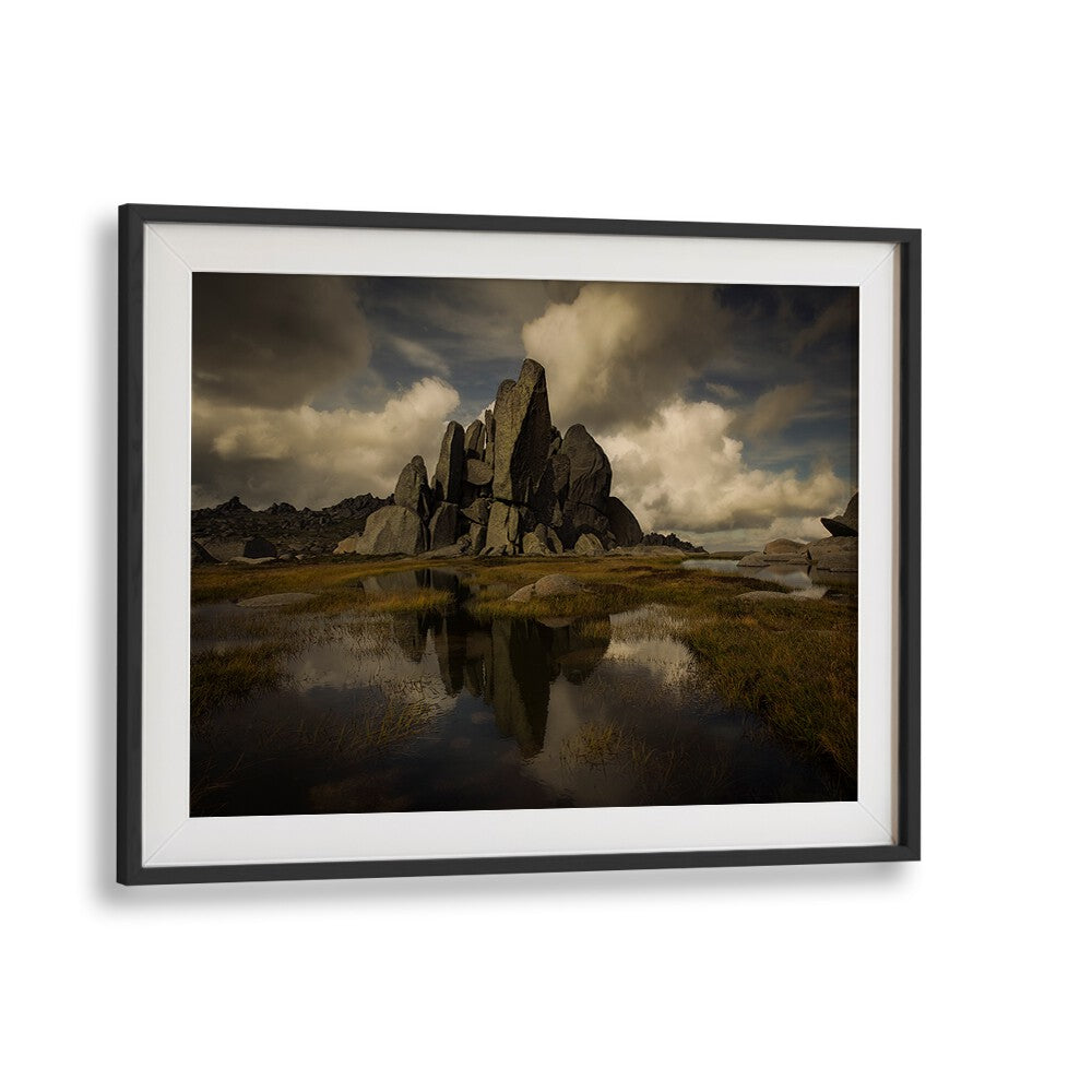 Stunning STANDING ALONE, PHOTOGRAPHY PRINTS featuring dramatic rock formations and tranquil waters, perfect for decor.