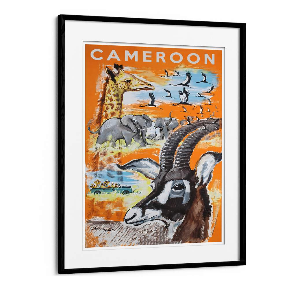 Colorful CAMEROON, VINTAGE TRAVEL POSTERS showcasing wildlife and landscapes, perfect for home decor.