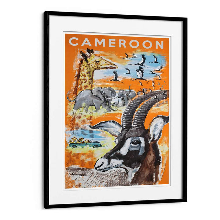 Colorful CAMEROON, VINTAGE TRAVEL POSTERS showcasing wildlife and landscapes, perfect for home decor.