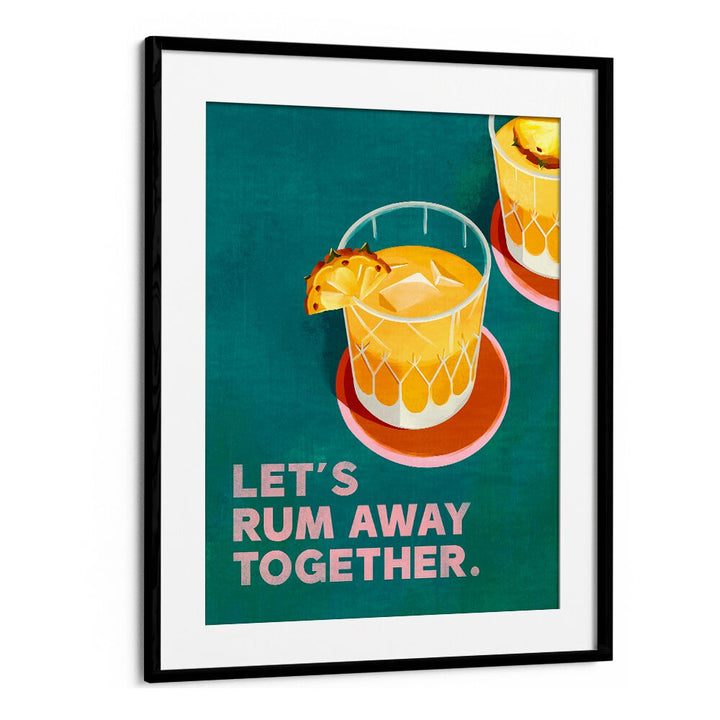 Vibrant RUM AWAY TOGETHER, BAR art featuring cocktails adds a beach bar vibe to your home decor. Perfect for entertaining!