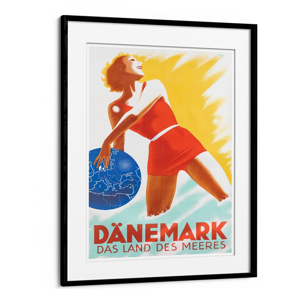 Colorful DANEMARK, VINTAGE TRAVEL POSTERS featuring a joyful woman with a globe, perfect for nostalgic decor.