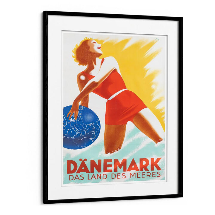 Colorful DANEMARK, VINTAGE TRAVEL POSTERS featuring a joyful woman with a globe, perfect for nostalgic decor.