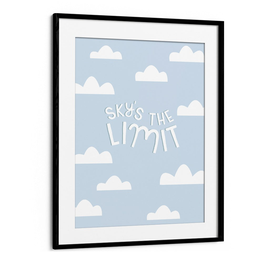 Bright blue painting with clouds and playful text "SKY'S THE LIMIT", perfect for kids' room decor. Ideal for creativity!