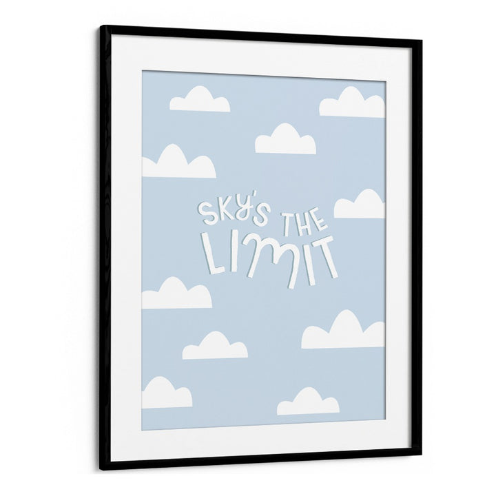 Bright blue painting with clouds and playful text "SKY'S THE LIMIT", perfect for kids' room decor. Ideal for creativity!