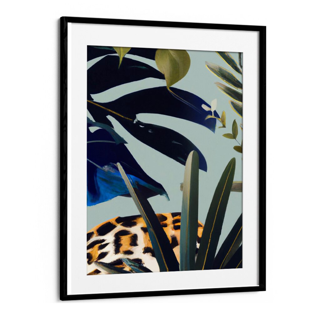 HIDDEN LEOPARD, FLORAL FLOWER PAINTINGS featuring a camouflaged leopard among lush tropical leaves by Blackmount.