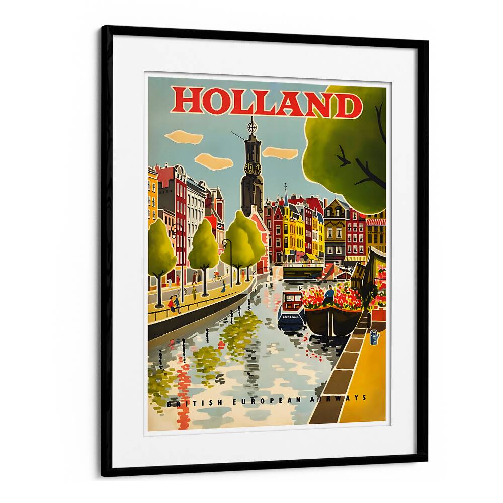 HOLLAND I, VINTAGE TRAVEL POSTERS showcasing picturesque canals and vibrant buildings of the Netherlands.