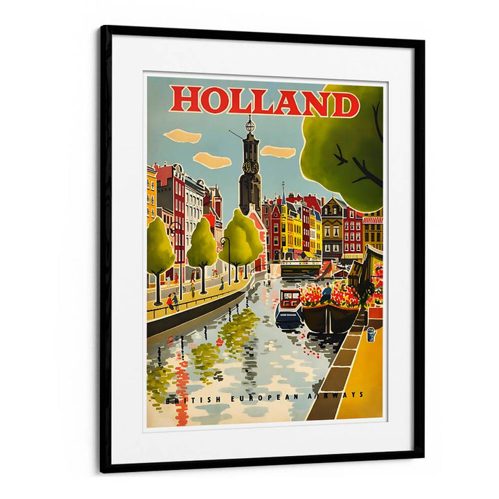 HOLLAND I, VINTAGE TRAVEL POSTERS showcasing picturesque canals and vibrant buildings of the Netherlands.