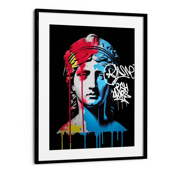VANDAL NEMESIS, ALTERED ART PRINTS showcase vibrant graffiti on a classical bust, perfect for modern art lovers.