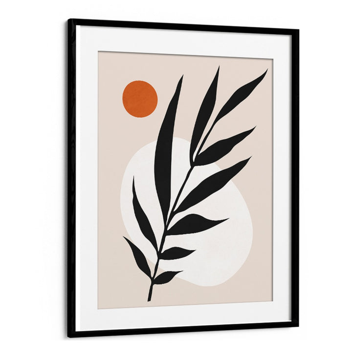 Stylish WATERCOLOR V, BOHO ART PAINTINGS featuring black leaves and an orange sun, perfect for modern decor.