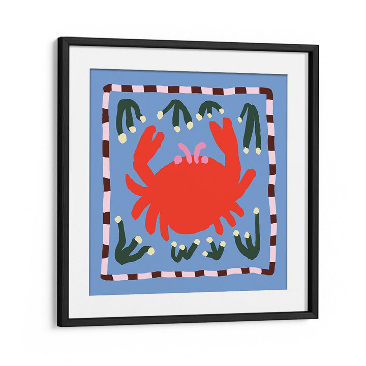 Bright red crab artwork in a stylish frame, perfect for enhancing your kitchen decor with CRAB, KITCHEN POSTERS.