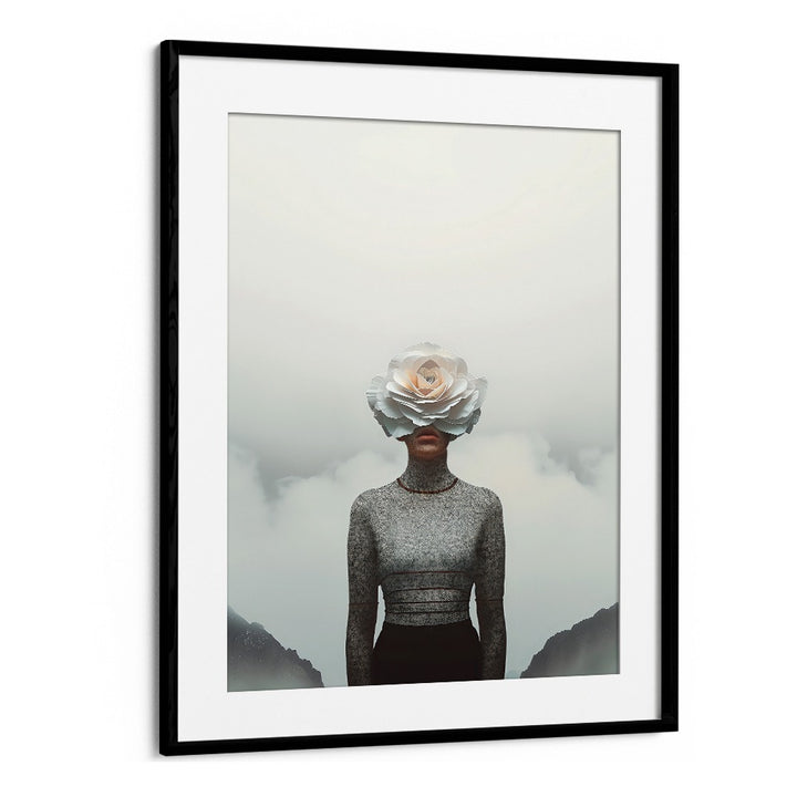 FLOWER FACE, SURREAL ART PRINTS showcase a dreamlike figure adorned with a flower, blending nature and imagination.