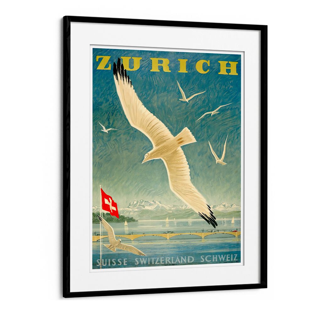 Stunning ZURICH, VINTAGE TRAVEL POSTERS featuring a soaring bird and Swiss scenery, perfect for home decor and wanderlust.