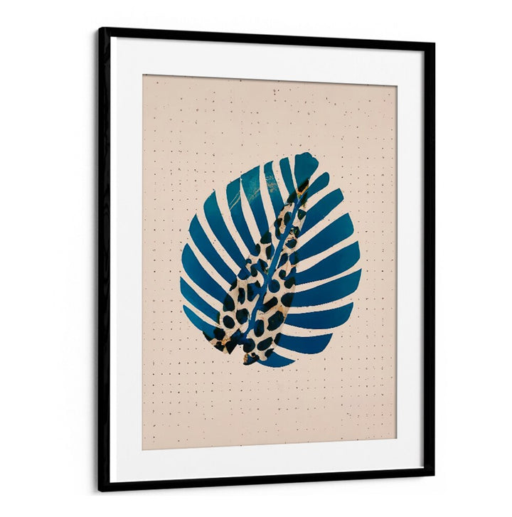 LEOPALM , FLORAL FLOWER PAINTINGS featuring a blue tropical leaf with leopard print accents in a minimalist black frame