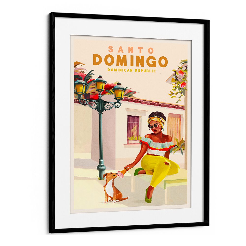 Vibrant SANTO DOMINGO, TRAVEL POSTERS showcase the essence of Dominican culture with a woman and dog illustration.