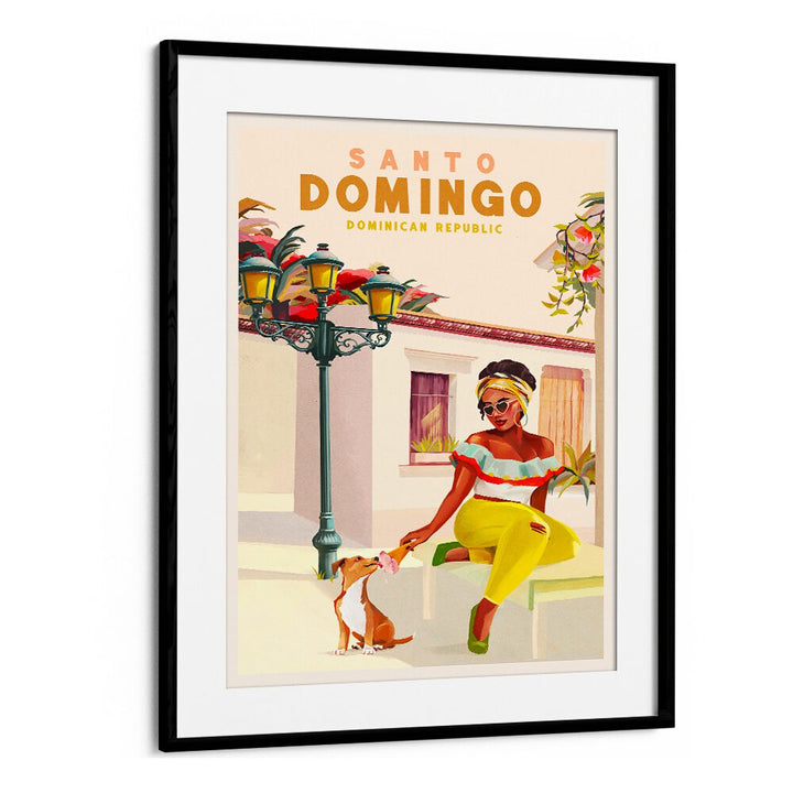 Vibrant SANTO DOMINGO, TRAVEL POSTERS showcase the essence of Dominican culture with a woman and dog illustration.