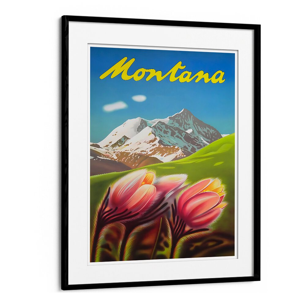 Stunning MONTANA, VINTAGE TRAVEL POSTERS showcasing vibrant flowers and majestic mountains, perfect for home decor.