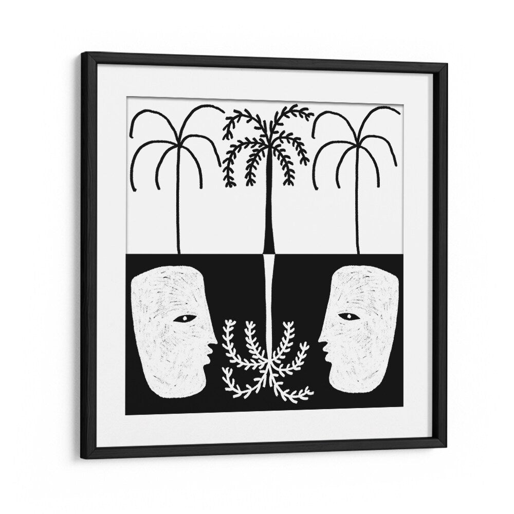 Abstract black and white artwork featuring faces and palm trees, titled YEARNING II, BOHO ART PAINTINGS. Perfect for stylish decor.