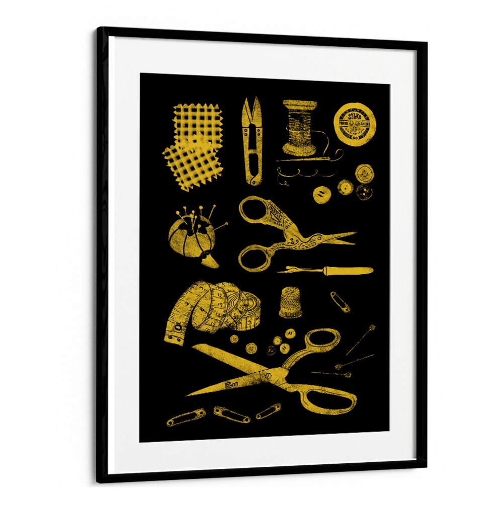 Stylish HABERDASHERY BLACK AND GOLD, FASHION POSTERS featuring sewing tools on a striking black background.