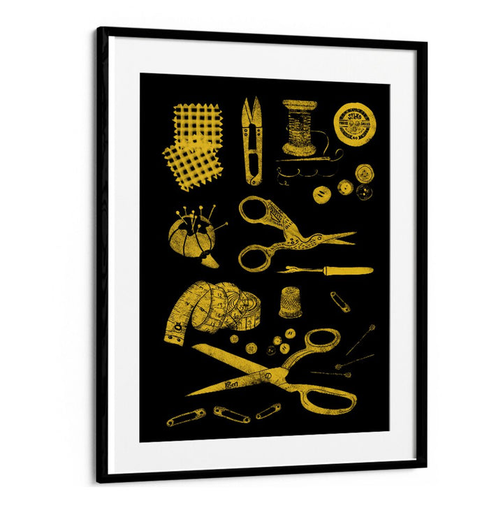 Stylish HABERDASHERY BLACK AND GOLD, FASHION POSTERS featuring sewing tools on a striking black background.