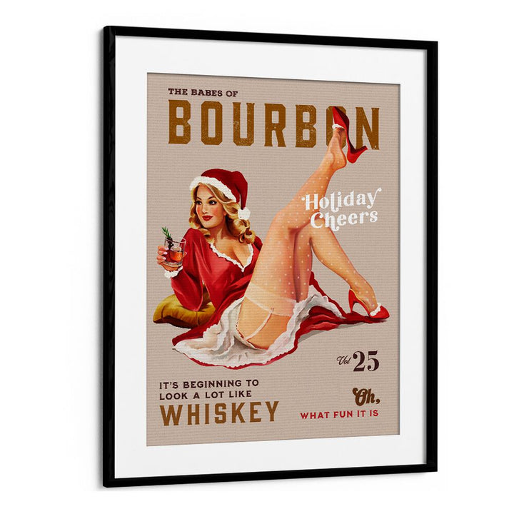 Celebrate the season with BOURBON HOLIDAY, BAR art featuring festive pinup cheer for your café or bar decor.