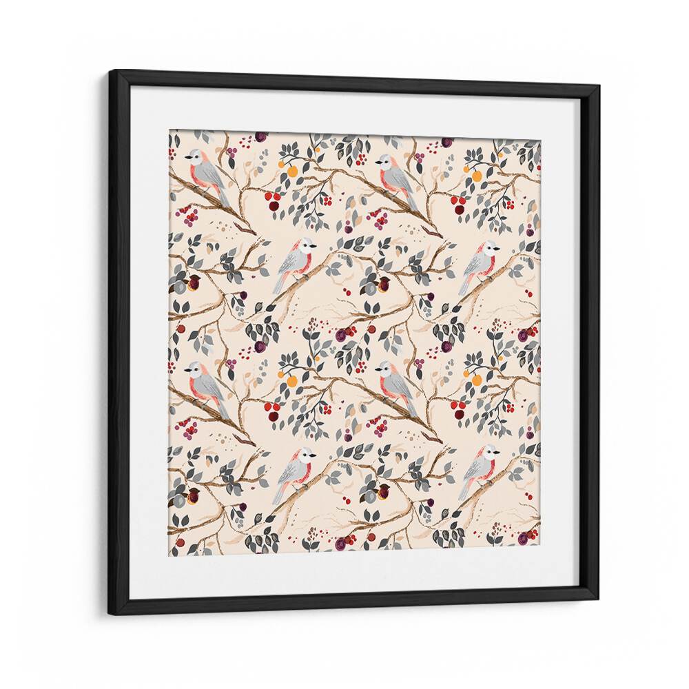 Colorful birds amid floral patterns in MY PRAIRIE GARDEN II, FLORAL FLOWER PAINTINGS, enhancing any space beautifully.