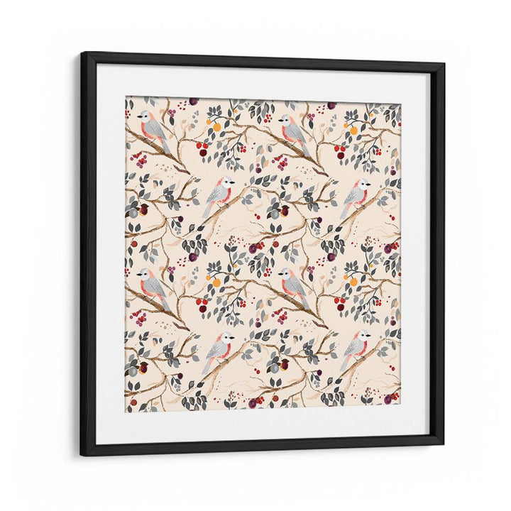 Colorful birds amid floral patterns in MY PRAIRIE GARDEN II, FLORAL FLOWER PAINTINGS, enhancing any space beautifully.