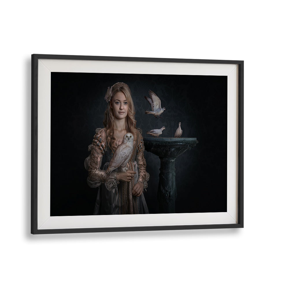 Elegant woman with birds, showcasing PRINCESS BIRDS, PHOTOGRAPHY PRINTS in a whimsical, dreamlike setting.