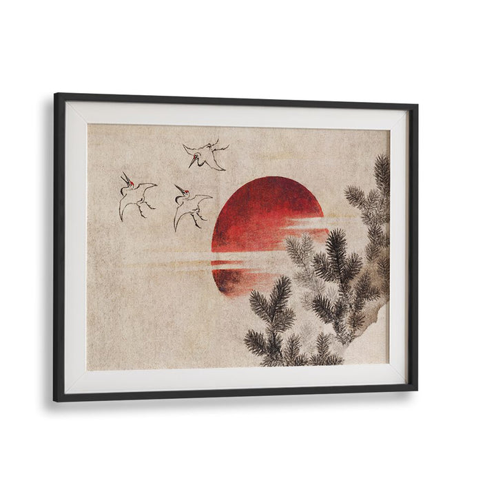 Katsushika Hokusai's BIRDS AND SUNSET, VINTAGE PAINTINGS showcases elegant birds against a striking sunset backdrop.
