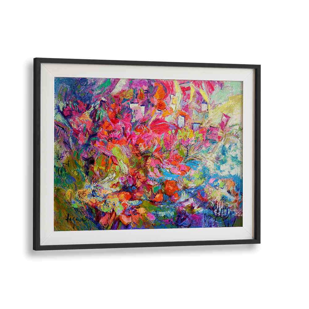 Framed abstract floral artwork with vivid pastel blooms by Blackmount LUMINOUS PETAL CASCADE , FLORAL FLOWER PAINTINGS