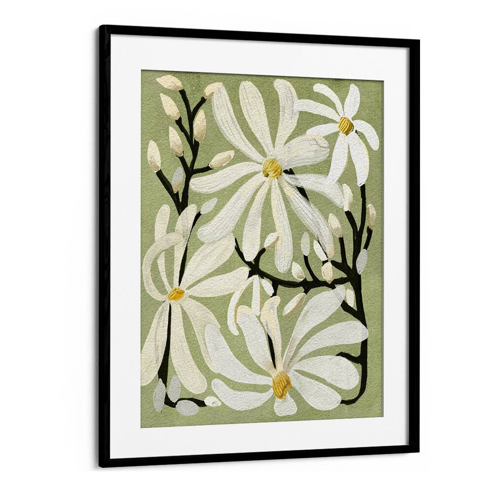 Elegant STAR MAGNOLI, FLORAL FLOWER PAINTINGS featuring delicate magnolia flowers on a soothing green background.