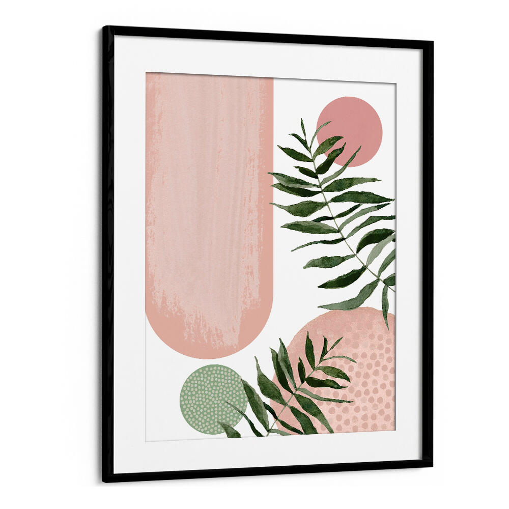 BOHO SHAPES III , BOHO ART PAINTINGS framed abstract print with pink shapes and green leaves