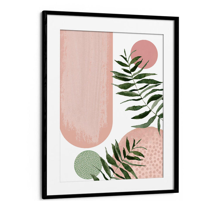 BOHO SHAPES III , BOHO ART PAINTINGS framed abstract print with pink shapes and green leaves