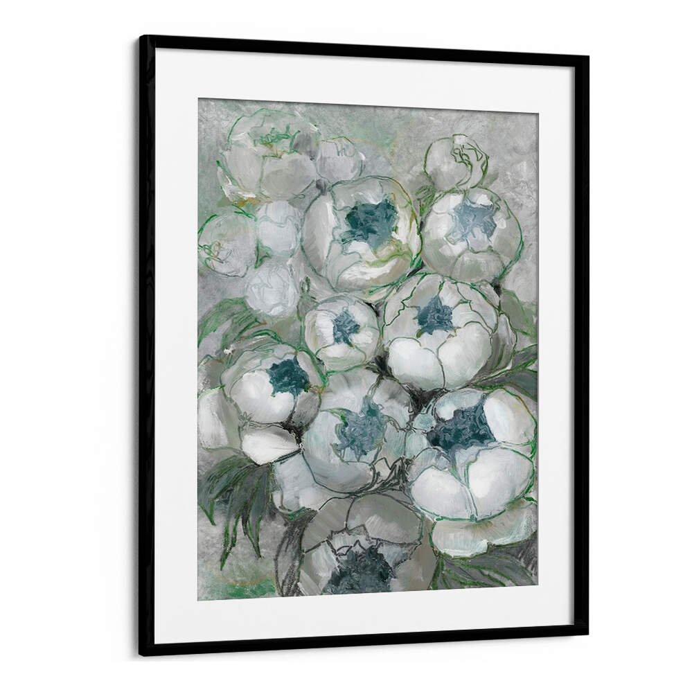 NURIA BOUQUET OF PEONIES IN TEAL AND GREEN , FLORAL FLOWER PAINTINGS